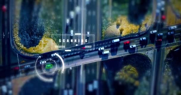 从对网络安全系统 未来和技术的高度来看 汽车在高速公路上的庞大 监视和安全 城市数字和数据库用车载跟踪器的网络 Gps和雷达 — 图库视频影像