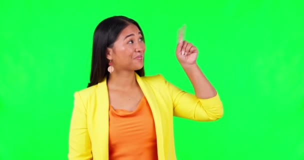 Pantalla Verde Mano Apuntando Cara Mujer Estudio Con Línea Tiempo — Vídeos de Stock