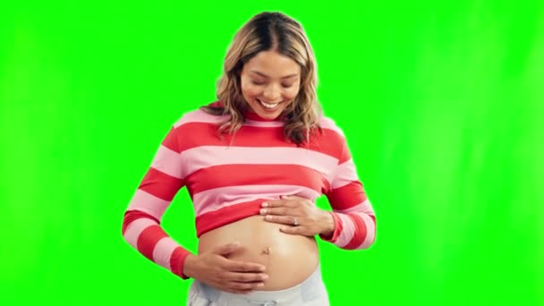 Pantalla Verde Amor Mujer Embarazada Feliz Con Vientre Estudio Para — Vídeos de Stock