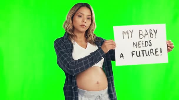 Aktivismus Znamení Žena Studiu Zelenou Obrazovkou Těhotenský Protest Nebo Pochod — Stock video