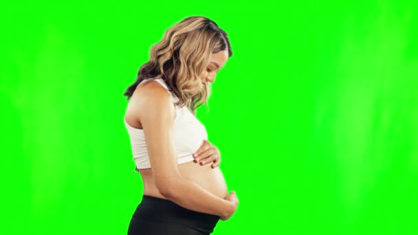Studio Profile Pregnant Stomach Woman Green Screen Body Wellness Development — Stock Video