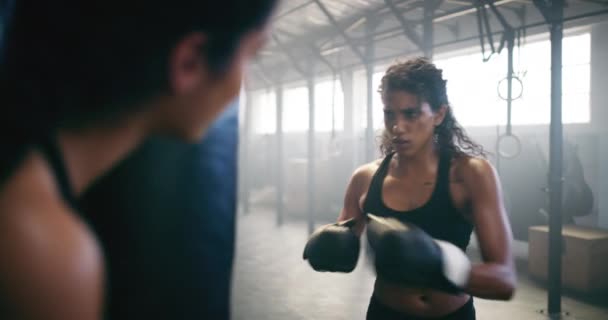 ボクシング 個人的なトレーナーや武道 ワークアウトや強力なためのジムで女性との学習 トレーニング パフォーマンスのためのMmaフィットネスセンターで女性ボクサーとフォーカス 健康と心臓 — ストック動画