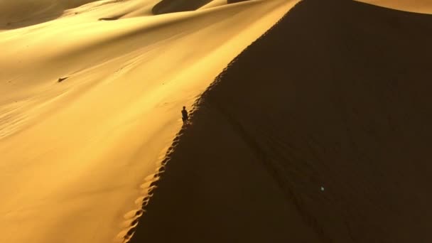 目的地 自由または夏の旅行のための無人機で日没時の人の旅行 砂漠とシルエット ドバイ旅行の砂丘の地平線の男との旅 — ストック動画