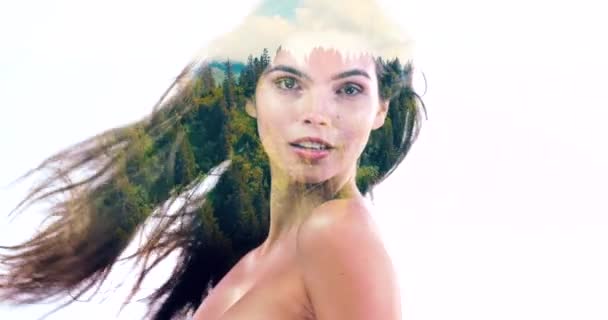 Жінка Подвійна Експозиція Природна Краса Скінарію Або Косметики Білому Фоні — стокове відео