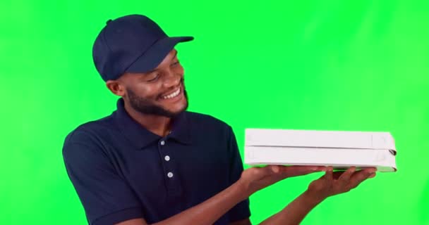 Kurier Zielony Ekran Czarny Człowiek Dostawą Pudełko Pakiet Wysyłki Zamówienie — Wideo stockowe
