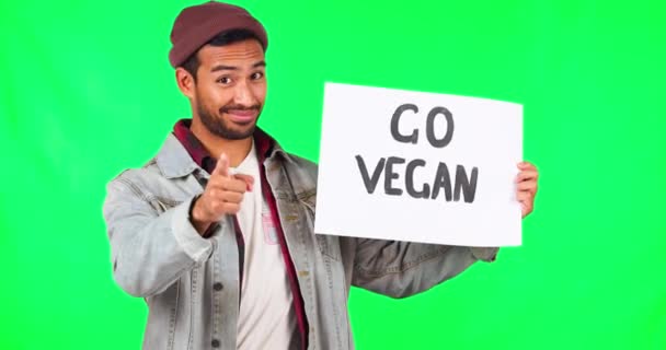 Grön Skärm Peka Och Man Med Vegan Tecken För Att — Stockvideo
