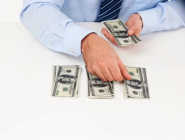 Mann Hände Zählen Dollars Und Bargeld Mit Geldwäsche Finanzkriminalität Und — Stockfoto