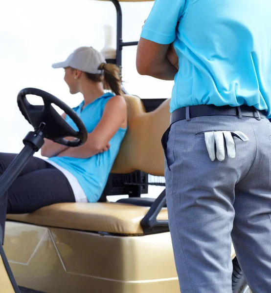 Golf Arabası Spor Golfçüler Işbirliği Içinde Spor Egzersiz Spor Yapma — Stok fotoğraf