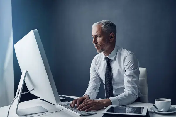 Computer Accountant Senior Man Typen Online Aan Het Project Werken — Stockfoto