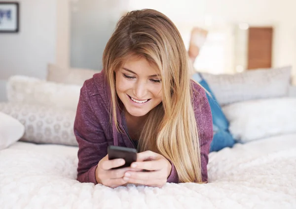 Teenager Girl Smartphone Social Media Relax Bedroom Smile Technology Communication — Stock Photo, Image
