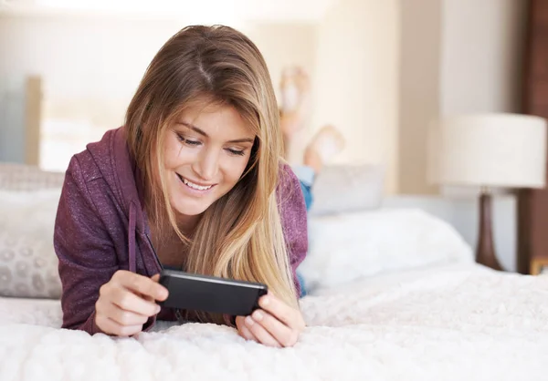 Teenager Girl Smartphone Watching Film Relax Bedroom Technology Streaming Service — Stock Photo, Image