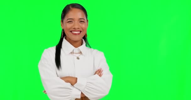 Πρόσωπο Επιχείρηση Και Γυναίκα Χέρια Σταυρωμένα Πράσινη Οθόνη Και Αυτοπεποίθηση — Αρχείο Βίντεο