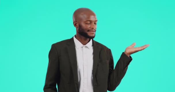 Gezicht Bedrijf Zwarte Man Verward Schouderophalen Beslissen Een Blauwe Studio — Stockvideo