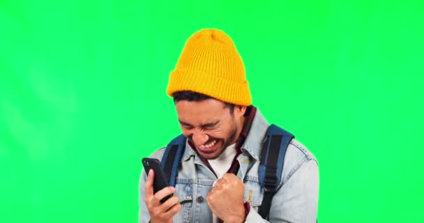 Teléfono Estudiante Hombre Pantalla Verde Para Éxito Universidad Educación Aprendizaje — Vídeos de Stock