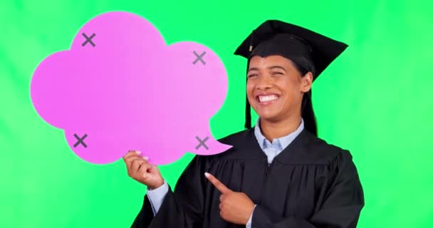 Burbuja Del Habla Mujer Graduación Pantalla Verde Apuntando Usted Voz — Vídeos de Stock