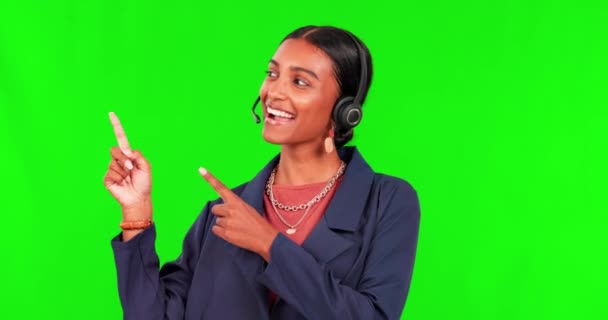Pointing Call Center Und Frau Auf Grünem Bildschirm Präsentation Und — Stockvideo