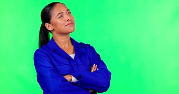 Pantalla Verde Mujer Trabajador Construcción Pensando Idea Para Arquitectura Construcción — Vídeo de stock