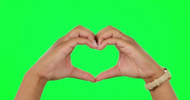 手和心脏的情感在绿色屏幕上的爱情 激情或在工作室背景下的关怀 在模拟空间上展示爱情姿态的女性手的形状 标志或符号 — 图库视频影像