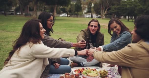 朋友们 在户外社交活动中 和年轻人一起在草坪上野餐 欢呼和做饭 啤酒和同学们坐在草地上快乐地一起吃饭和交流的感觉放松了 — 图库视频影像