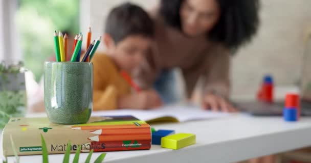 孩子和帮助做家庭作业 彩色铅笔和绘图为教育 学习和发展 家庭学校 有动力的母亲和孩子 家庭学校项目的支助和教学 — 图库视频影像