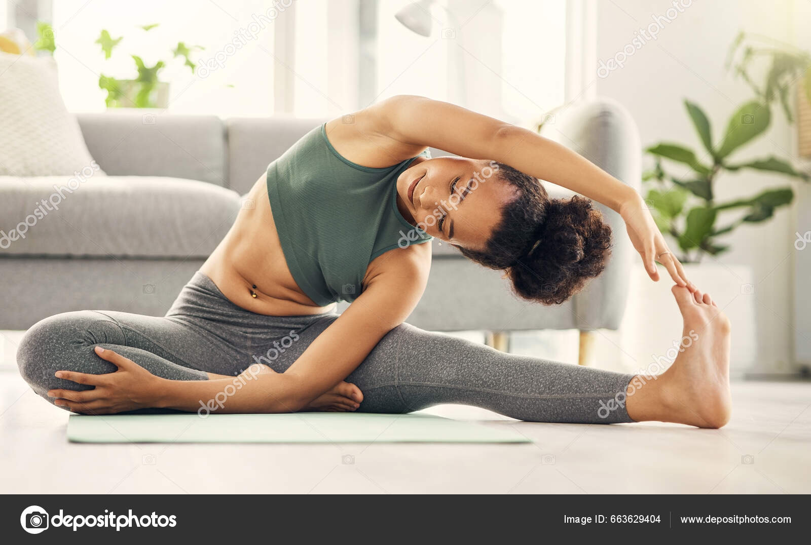 Yoga Stretching Woman Living Room Floor Training Exercise Mental Health  Stock Photo by ©PeopleImages.com 663629404