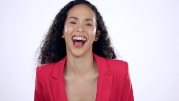 Geschäftsfrau Gesicht Und Lachendes Porträt Studio Für Motivation Komische Denkweise — Stockvideo