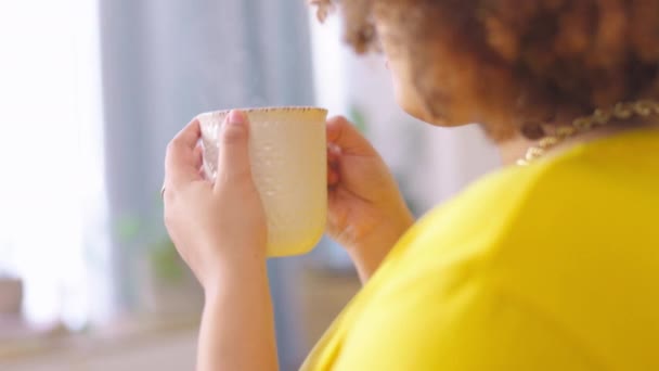 Mani Caffè Relax Con Una Donna Nella Sua Casa Bevendo — Video Stock