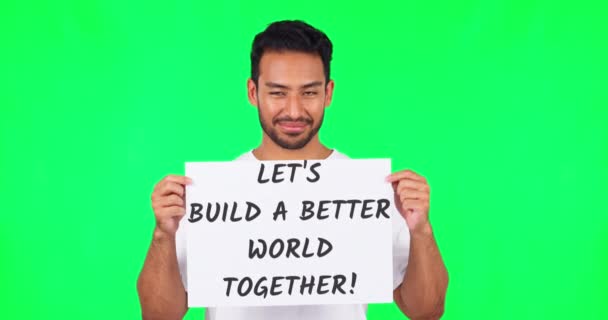 緑の画面 正義と将来のためのモックアップでのプロモーションの持続可能性によってボードと男 顔と抗議 アジアの若者 学生ボランティアと紙で幸せ 気候変動のためのサインとポスター — ストック動画