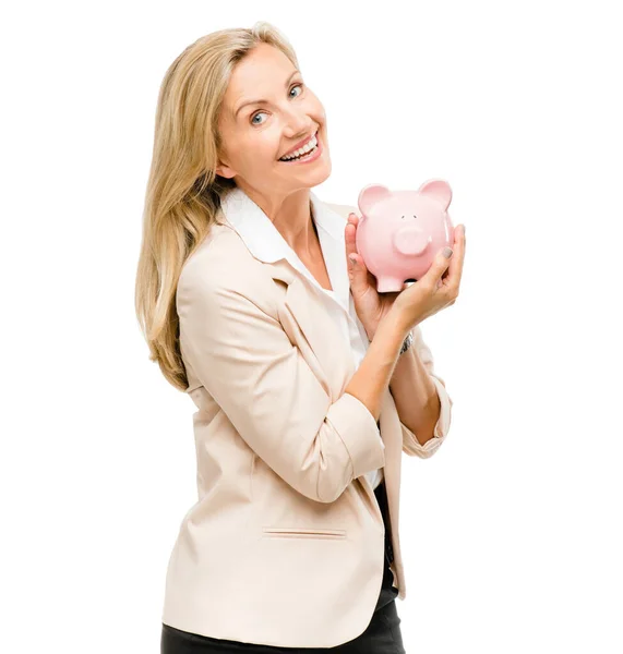 Щаслива Жінка Портрет Скарбничка Інвестицій Заощаджень Або Кредиту Ізольовані Білому — стокове фото