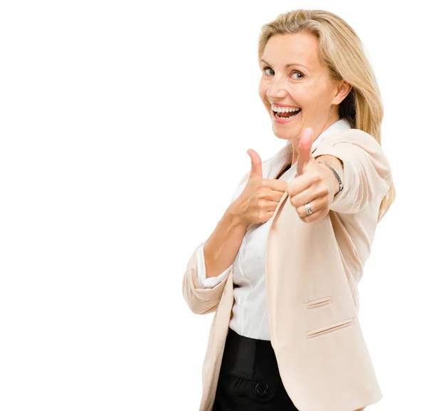 Szczęśliwa Kobieta Biznesu Portret Kciuki Góry Dla Sukcesu Izolowane Białym — Zdjęcie stockowe