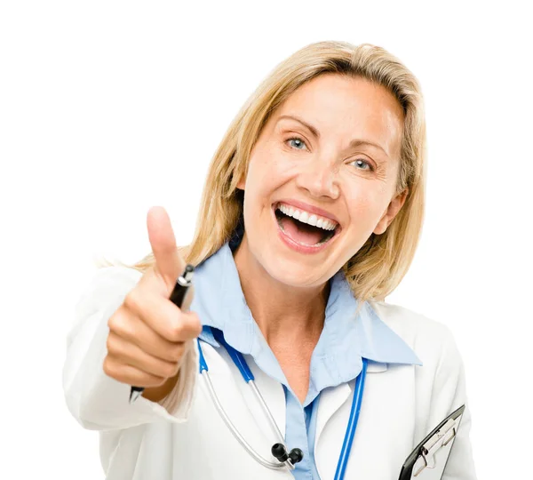 Happy Woman Portrait Doctor Thumbs Approval Isolated White Studio Background — Stock Photo, Image