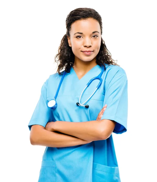 Retrato Enfermera Mujer Brazos Cruzados Con Una Sonrisa Carrera Salud —  Fotos de Stock