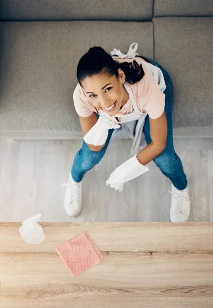 Happy Cleaning Portrait Woman House Clean Supplies Chemical Cloth Young — Stock Photo, Image