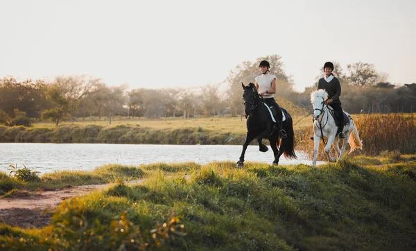 夏の朝の間 湖によって馬に乗って自然界の友人と乗馬 自由と乗馬 女性のライダーは旅行 楽しみ または冒険のために屋外で一緒に — ストック写真