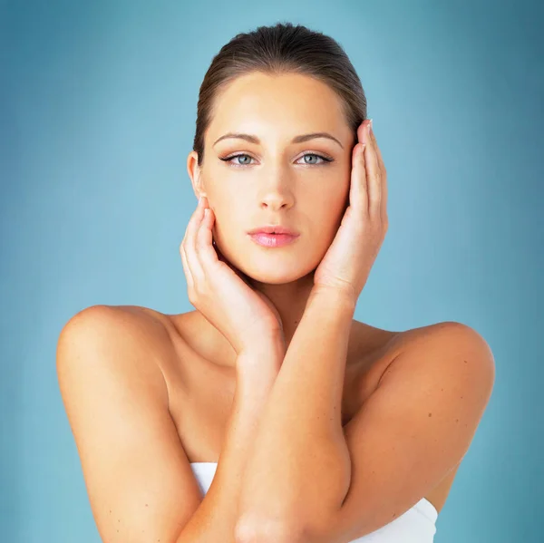 Huid Cosmetica Schoonheid Portret Van Vrouw Met Dermatologie Make Blauwe — Stockfoto
