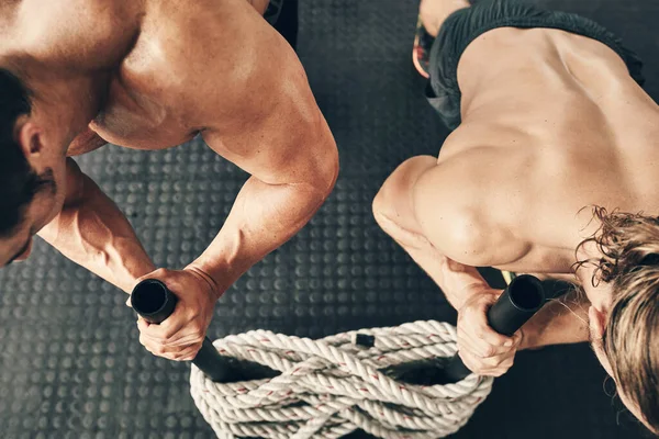 Men Weights Workout Together Sled Rope Top View Fitness Health — Stock Photo, Image