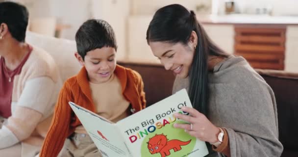 孩子和一位母亲在家中客厅给儿子读书 书籍或儿童发展 妇女和男孩在家中学习教育故事 — 图库视频影像