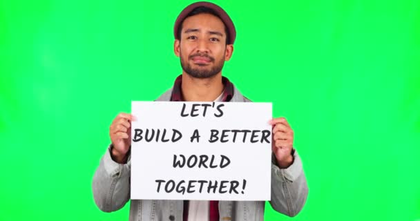Homem Cara Cartaz Protesto Por Tela Verde Para Justiça Sustentabilidade — Vídeo de Stock