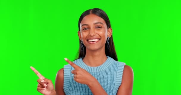 Zielony Ekran Szczęśliwa Kobieta Twarz Reklama Przestrzeń Makieta Decyzja Prezentacja — Wideo stockowe