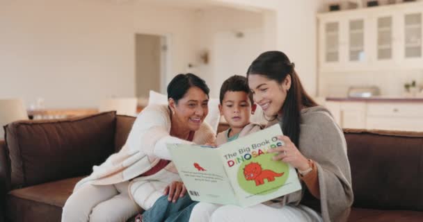 Familie Großmutter Und Mutter Lesen Ihrem Sohn Während Eines Besuchs — Stockvideo