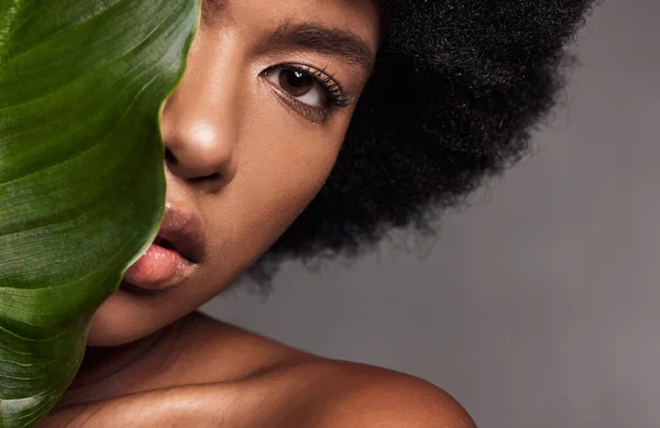 Mulher Negra Olho Folha Beleza Natural Cosméticos Eco Friendly Com — Fotografia de Stock