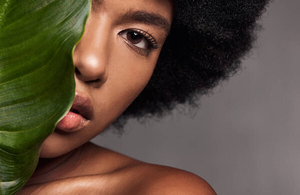 Black woman, eye and leaf, natural beauty and eco friendly cosmetics with facial on studio background. Face, portrait and African model with lashes, skincare and glow with sustainable dermatology.
