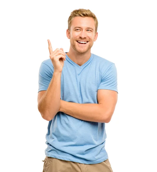 Thinking Pointing Man Laughing Studio Announcement Presentation Choice Happy Male Stock Picture