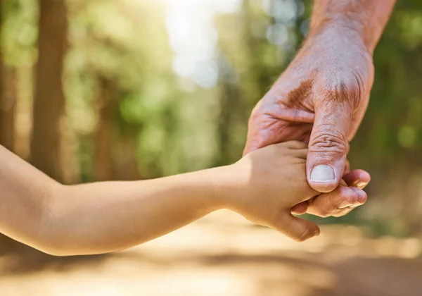 Closeup Holding Hands Senior Man Son Forest Support Peace Love — Stock Photo, Image