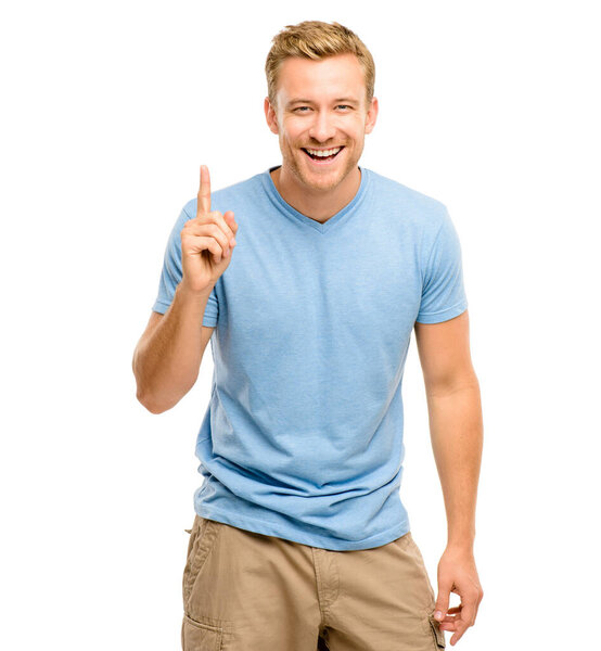 Happy, pointing up and portrait of a man in studio for announcement, presentation or choice. Male model with hand gesture or sign for advertising, promotion or marketing on a white background.