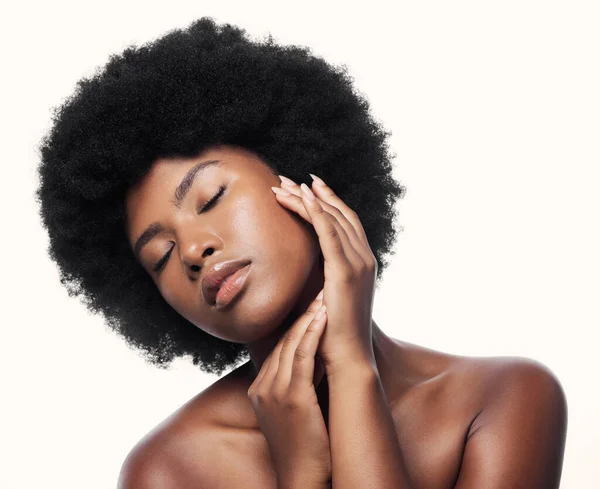 Black Woman Touch Face Skincare Eyes Closed Studio Isolated White — Stock Photo, Image