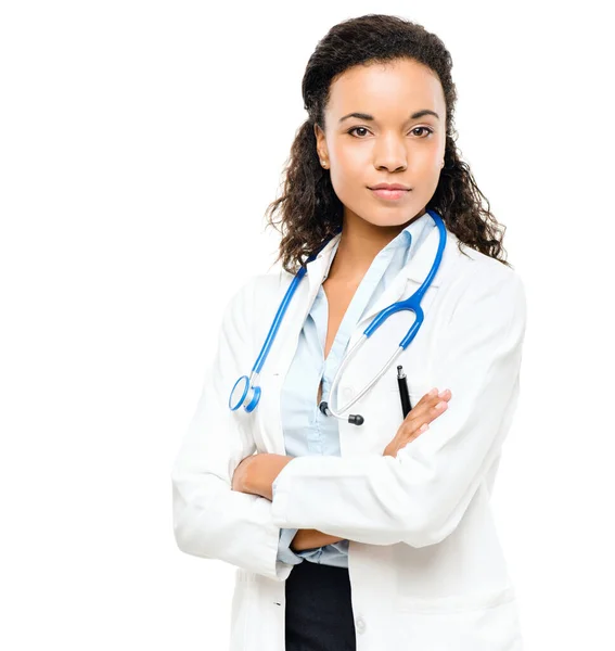 stock image Doctor portrait, woman and arms crossed with a smile from healthcare and wellness career in studio. Young female worker, isolated and nursing with white background proud and confident from job.