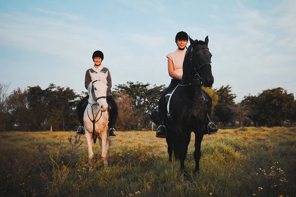 馬に乗る 動物と友人や田舎 休日や旅行の日没と自由 草原や牧場の屋外でライダーと休暇中に自然の中でペットと人とフィールドトリップ — ストック写真