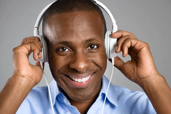 Music Portrait Black Man Headphones Studio Background Happy Listening Radio — Stock Photo, Image