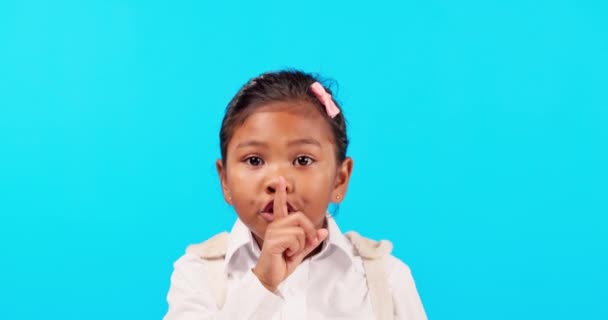 Finger Lips Quiet Secret Girl Blue Background Studio Gossip News — Stock Video